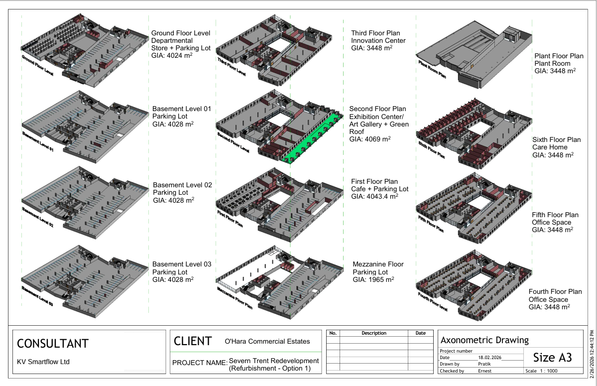 Axonometric technical planning study and multi-level feasibility layout