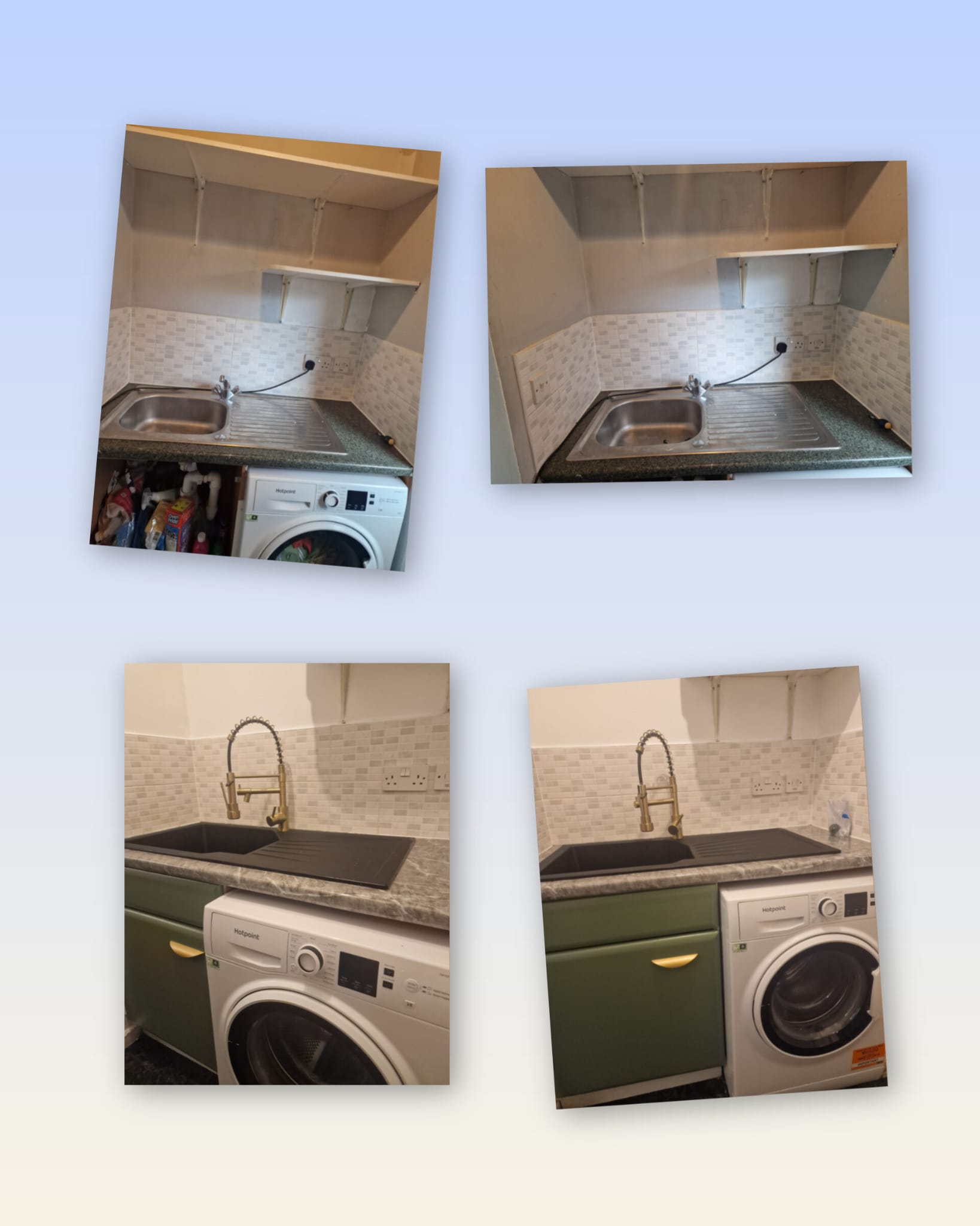 Before and after kitchenette sink area comparison